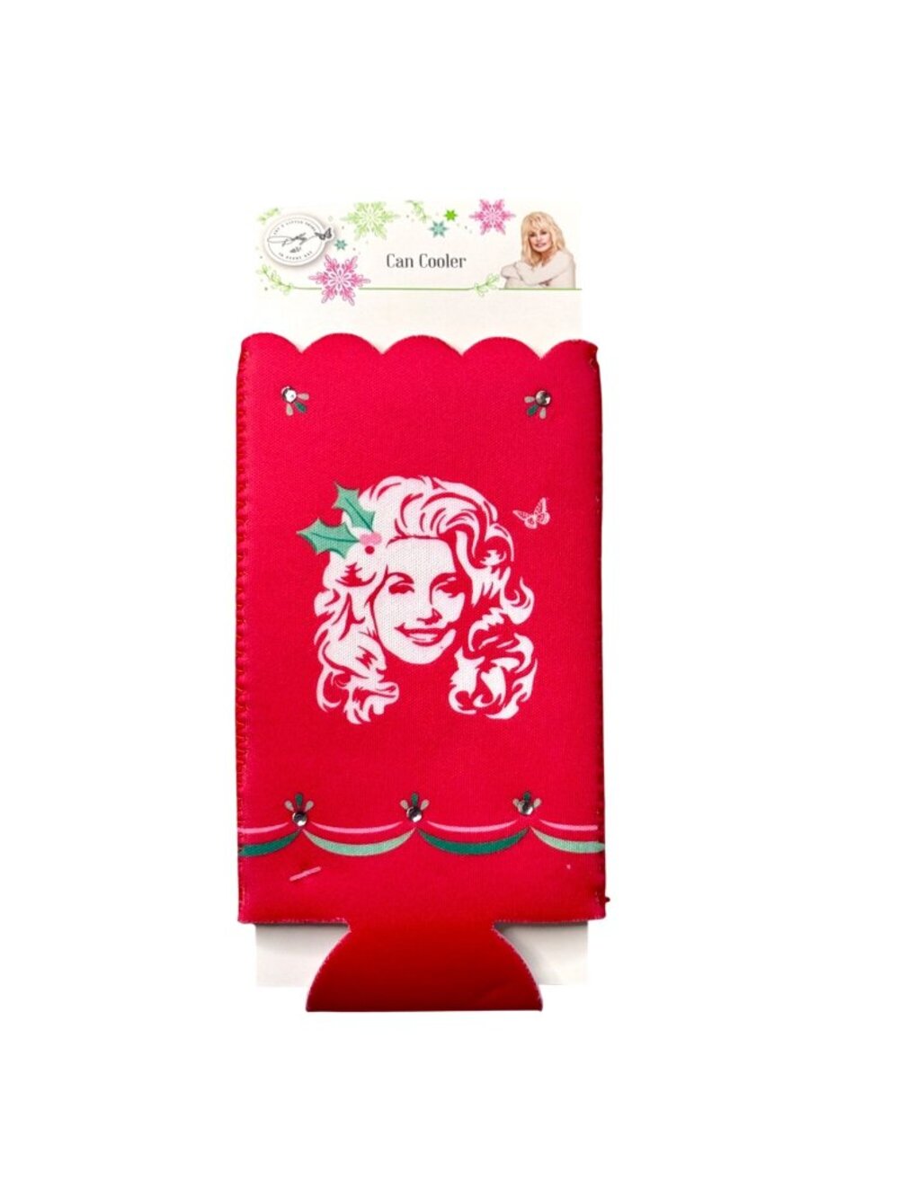Dolly Parton Christmas Rhinestone Skinny Can Cooler Koozie Red Holly Design NEW!
